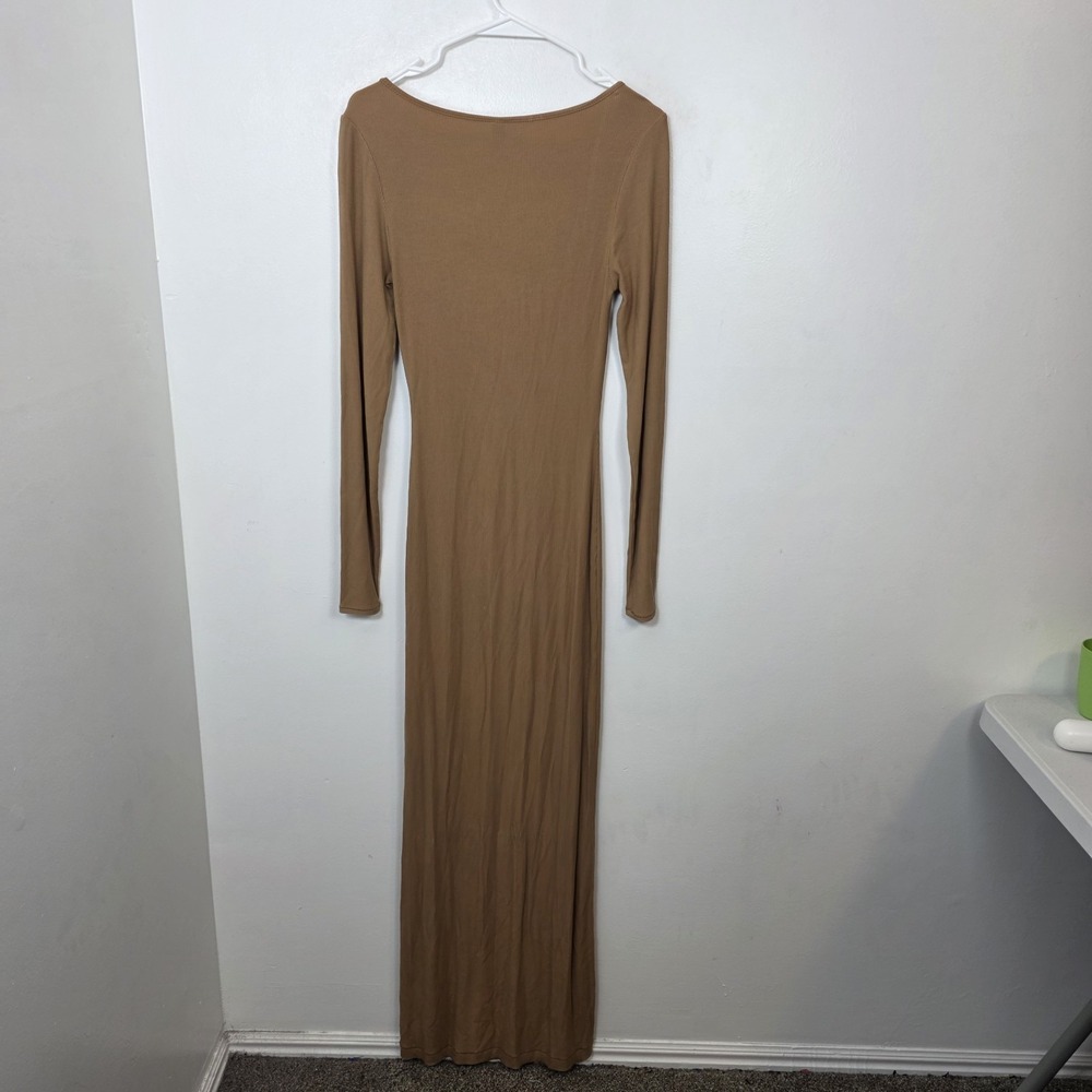 Skims Brown Ribbed‎ Soft Lounge Long Sleeve Neutral Fitted Maxi Dress Size M - Picture 5 of 6